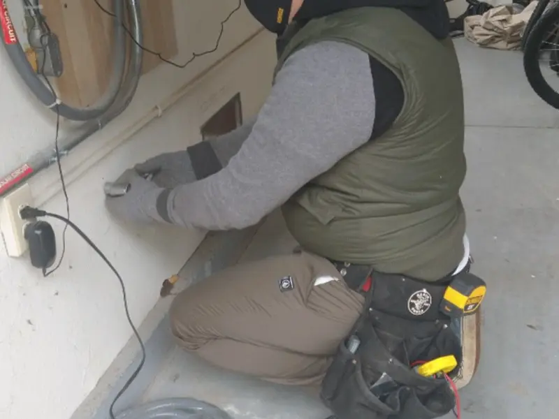 Electrician performing outlet wiring in a Nassau Village-Ratliff garage